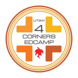 Logo for the new UCET Edcamp Four Corners, showing the Edcamp logo and 4 corner graphics in muted southwest colors, surrounded by 4 concentric rings of the same 4 colors.
