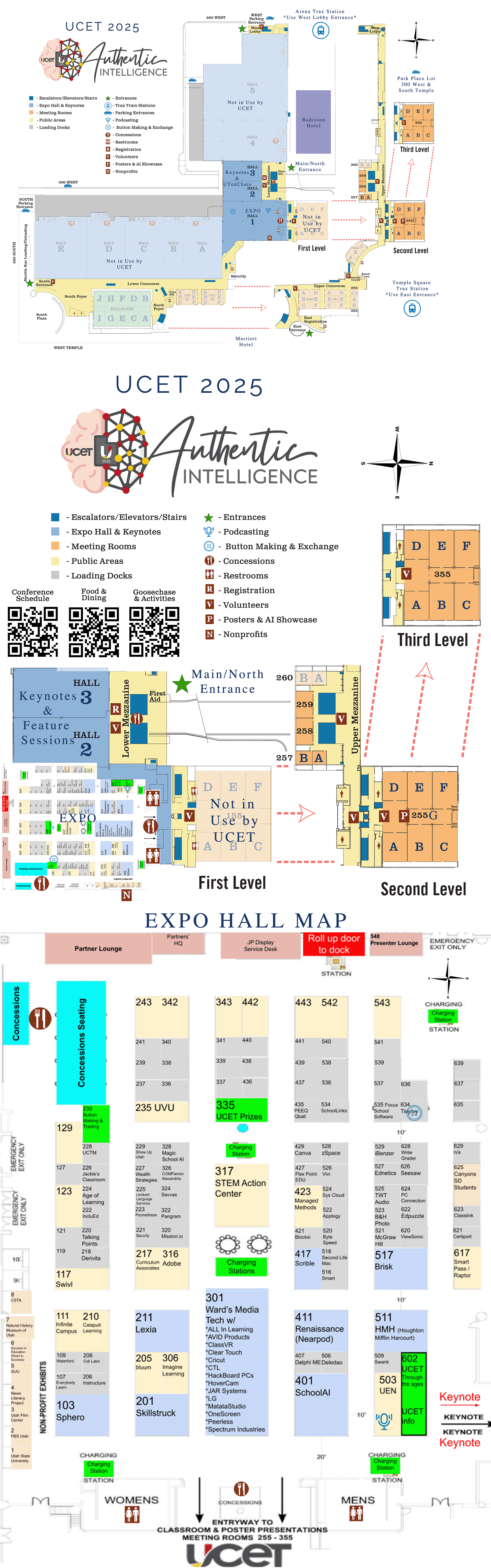 Combined 2025 UCET Conference map. The top section shows where the UCET Conference is within the entire Salt Palace Convention Center. The center section focuses on the UCET Conference space as a whole, and the bottom section highlights the locations of our Sponsors & Partners in the Expo Hall.