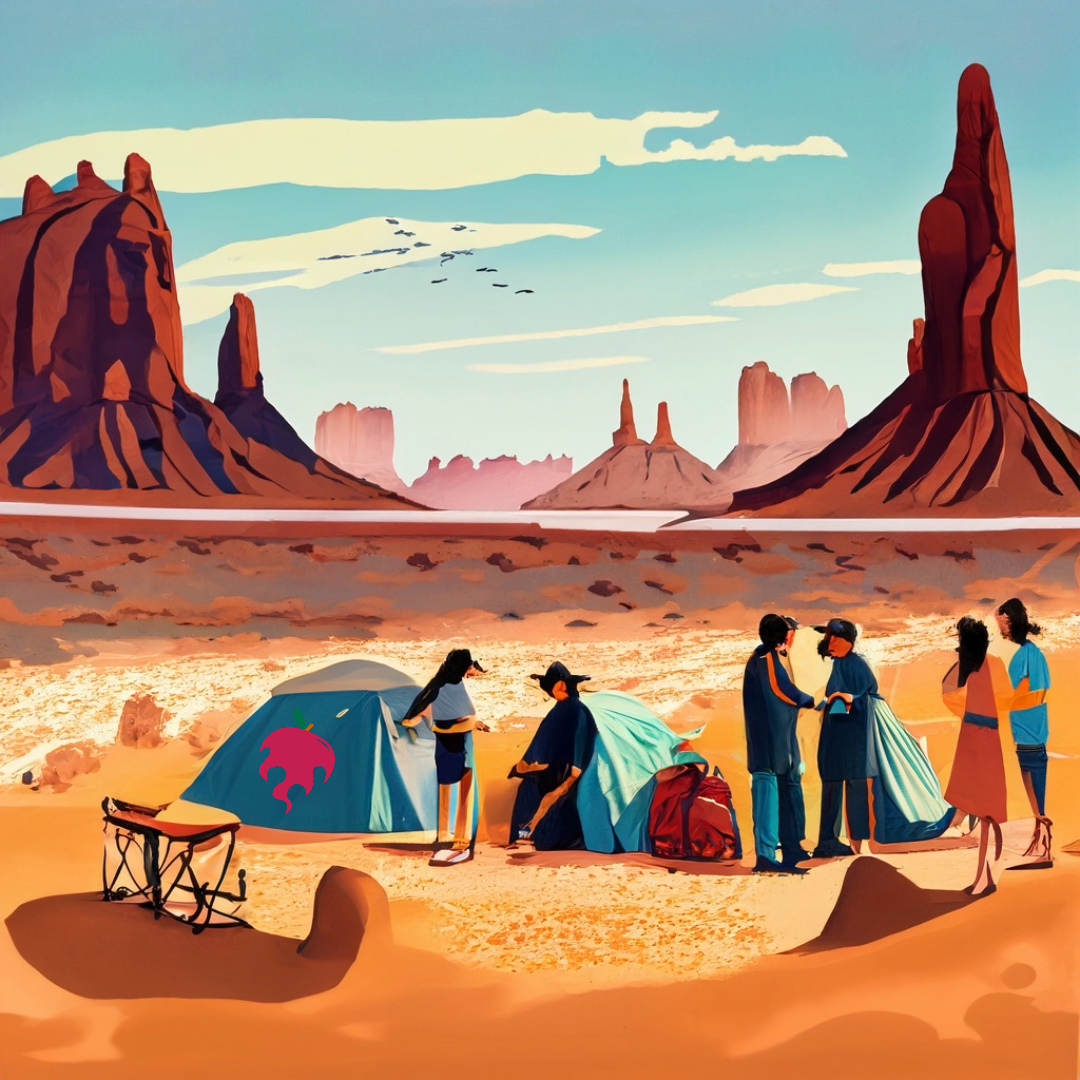 AI generated graphic of educators meeting in groups and camping in monument valley in an artistic, watercolor style with a semi-hidden Edcamp logo. 