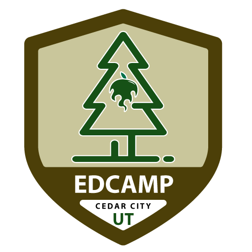 Logo for EdCamp Cedar City. It is a shield-shaped badge in shades of olive green and brown, displaying a simple green outline of a cedar tree. Inside the tree, there is a design element that resembles a green apple merging with a swirl. 'EDCAMP' is written in bold white letters across the bottom.