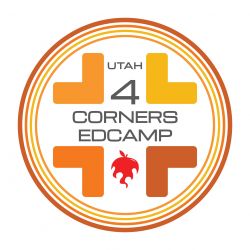Logo for the new UCET Edcamp Four Corners, showing the Edcamp logo and 4 corner graphics in muted southwest colors, surrounded by 4 concentric rings of the same 4 colors.