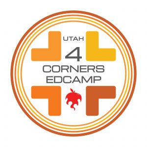 Logo for the new UCET Edcamp Four Corners, showing the Edcamp logo and 4 corner graphics in muted southwest colors, surrounded by 4 concentric rings of the same 4 colors.
